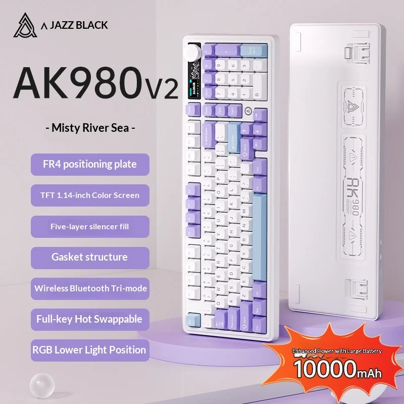 Ajazz Mechanical Keyboard Ak980 Tri Mode Wireless Bluetooth Wired Customized Side Printed Gaming Keyboard For Office Desktop Pc