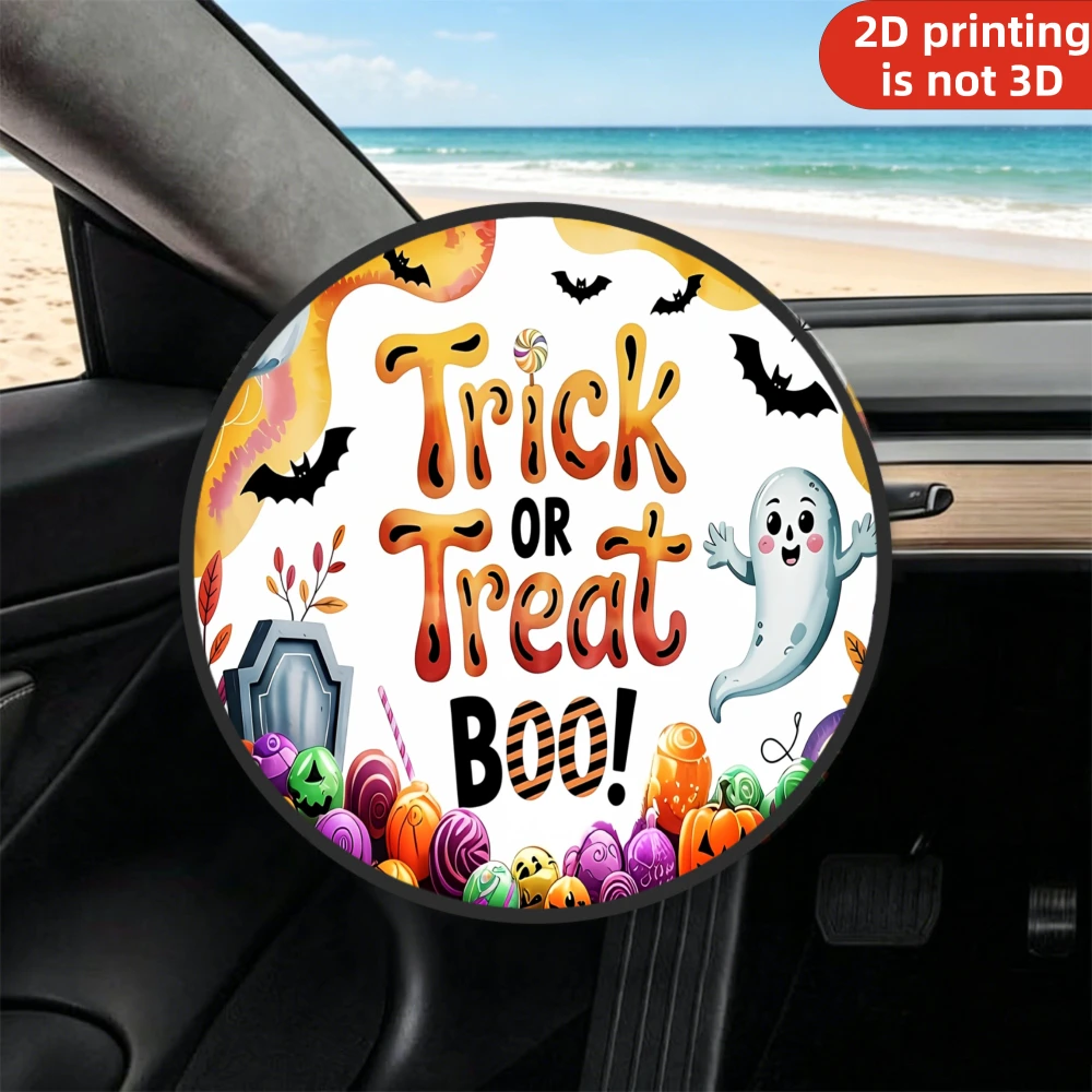 1pc Steering Wheel Sunshade Cover, 2D Flat Printing Trick Or Treat Boo Halloween Ghost Candy Bats Pumpkin, Summer Essential