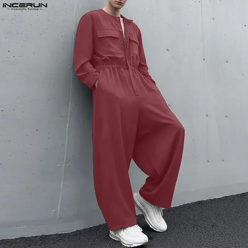 

Мужские комбинезоны INCERUN: однотонные, с длинным рукавом, карманами, повседневные, уличный стиль, свободные, модные, для отдыха, модель 2026
