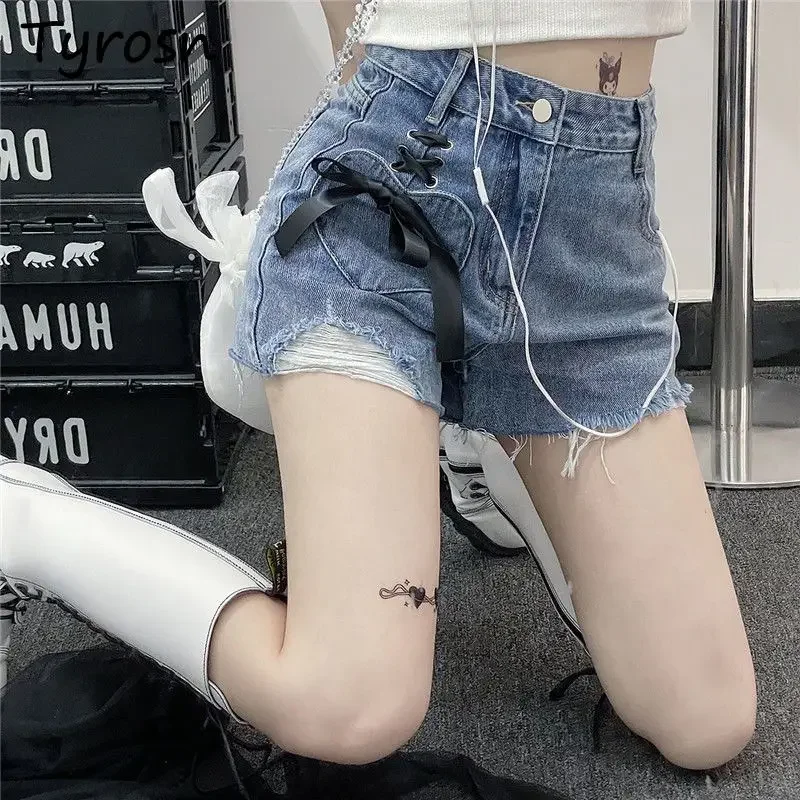 Vrouwen Y2k Shorts Effen Denim Bandage Gescheurd Hiphop Hoge Taille Boog Zoete Vintage Koreaanse Stijl Nieuwe Harajuku Zomer Schoolmeisjes