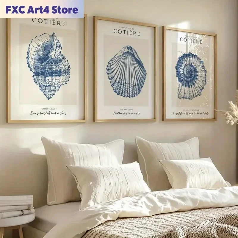 Rahmenloses 3-teiliges Wandkunst-Set, Retro-Poster mit blauem Ozean-Motiv, niedliche Muschel-Leinwanddrucke für Wohnzimmerdekoration und Schlafzimmer-Esthetik