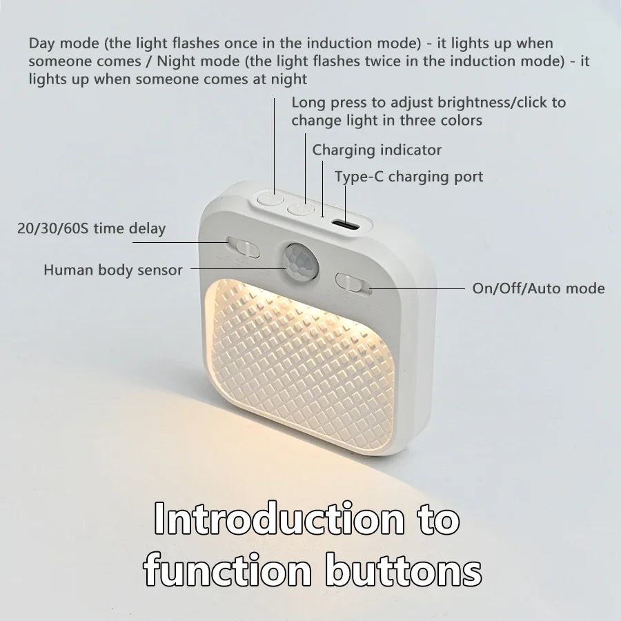 White Small Square Human Body Sensor Light 3 Colors Adjustable Rechargeable Magnetic Light for Closet Room Restroom Night Light