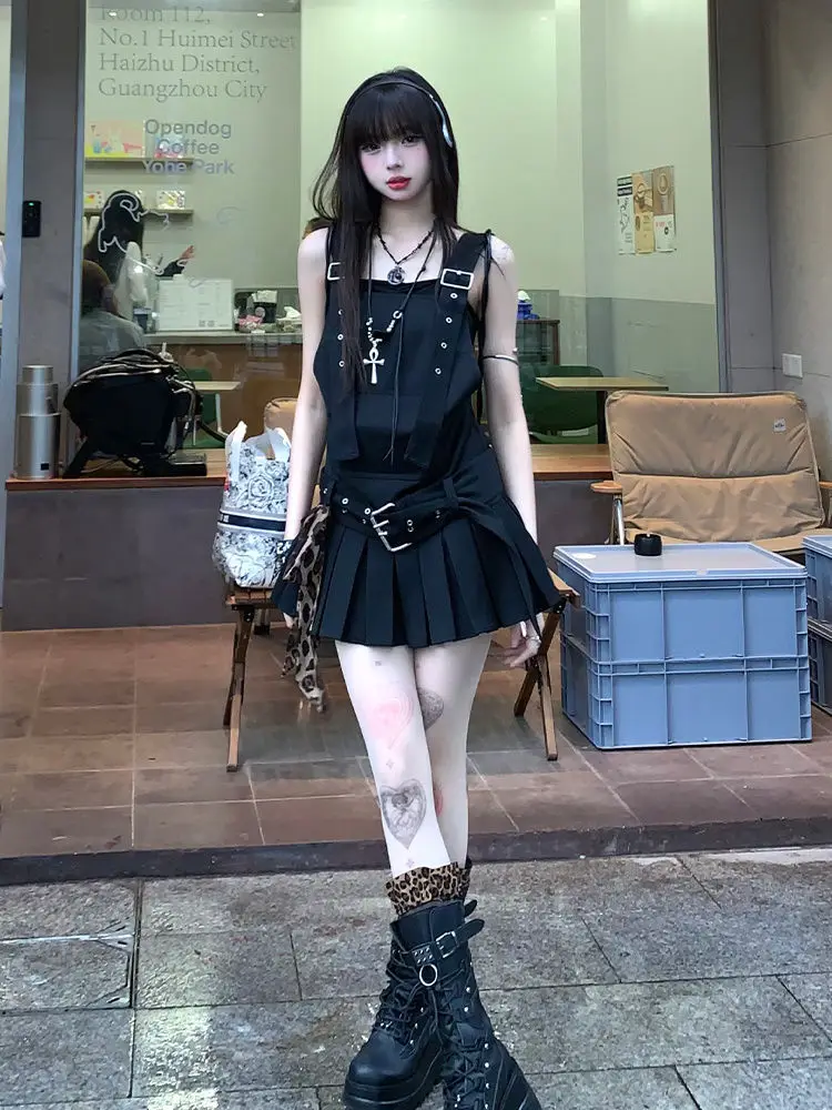 

Y2k Stand Neck Aesthetic Sleeveless Dress 2025 Women Streetwear Zipper Mini Dresses Harajuku Black Belt Grunge Pleated Vestidos