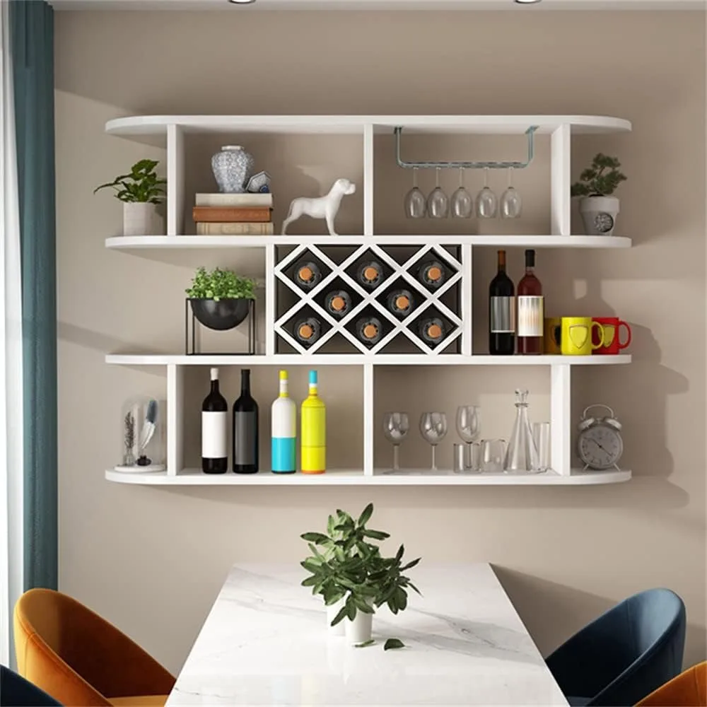 

Wine Holder Rack Modern Wall Mounted Manufactured Wood Wine Rack Restaurant Wine Bottle & Glass Rack Simple Shelf for Living