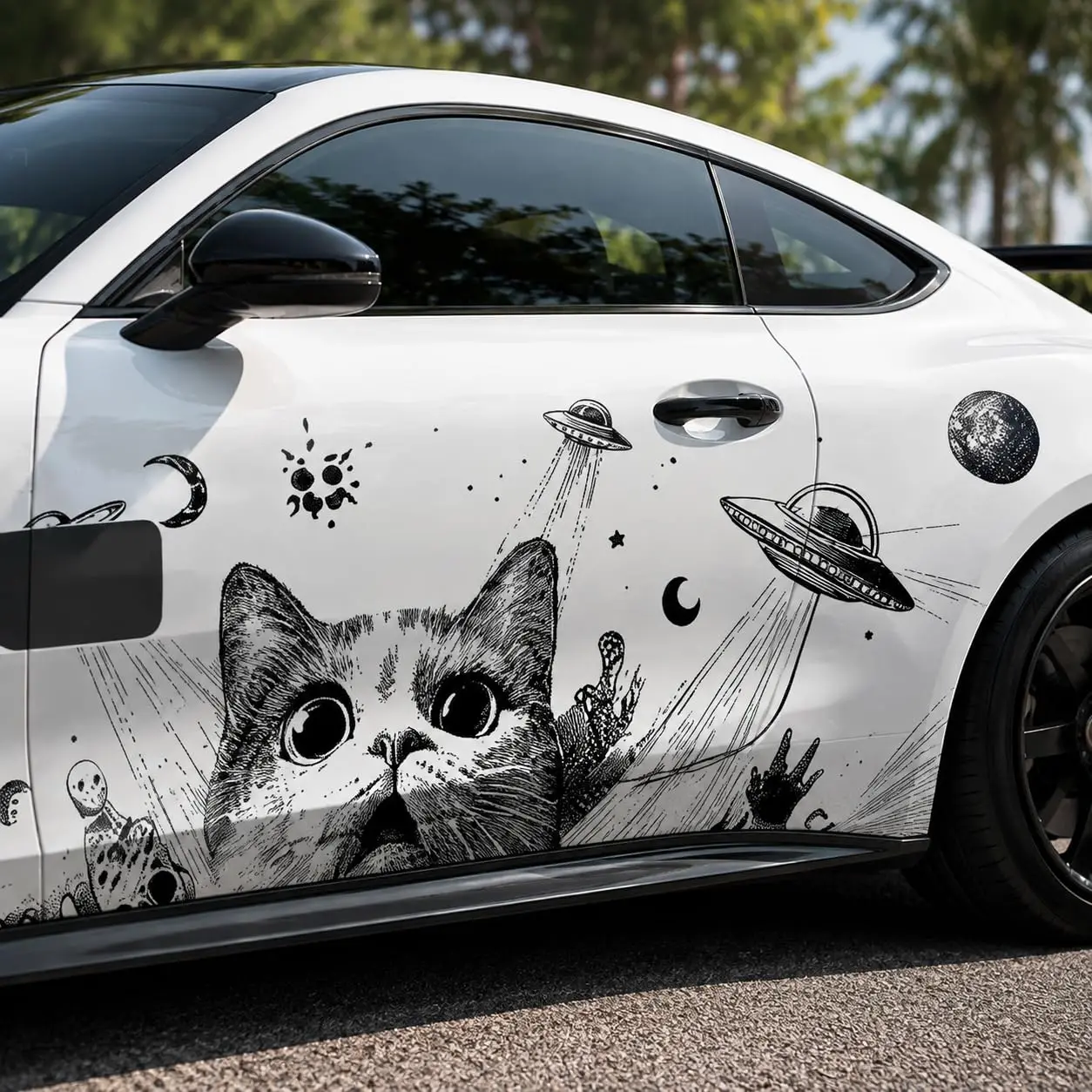 2pcs Space Cat Car Side Vinyl Wrap Decal, Black & White