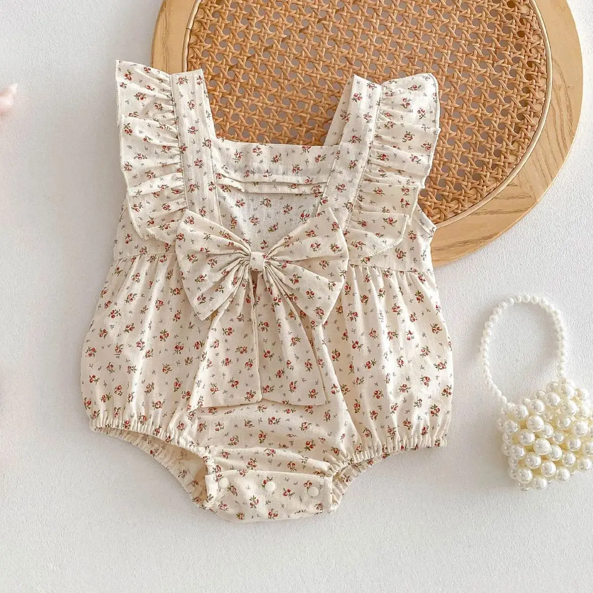 

0-24M Baby Girls Bodysuit 2025 Summer Newborn Girl Clothes Cute Floral Print Infant Bows One Piece Onesies