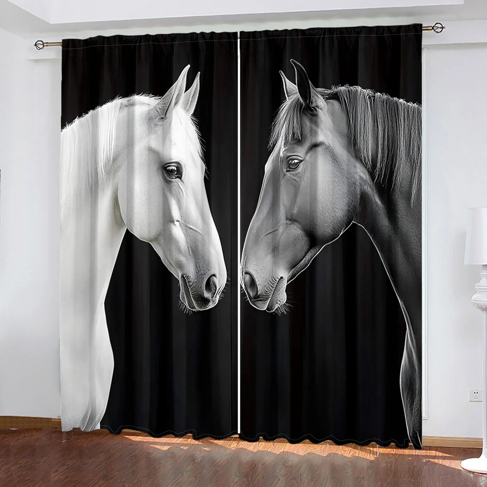 Black White Horse Curtain Realistic Animal Head Print Drape Modern Farmhouse Window Treatment for Living Room Bedroom Home Decor