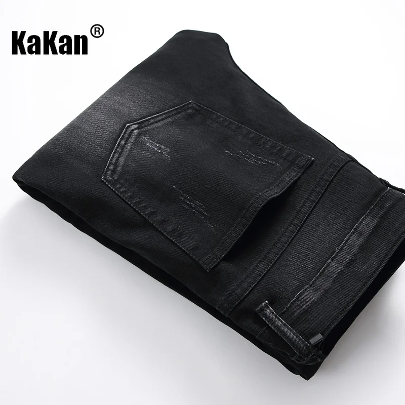 Kakan - European and American New Black Pleated Motorcycle Jeans for Men, Small Straight Fit Men's Worn Long Jeans K21-1209