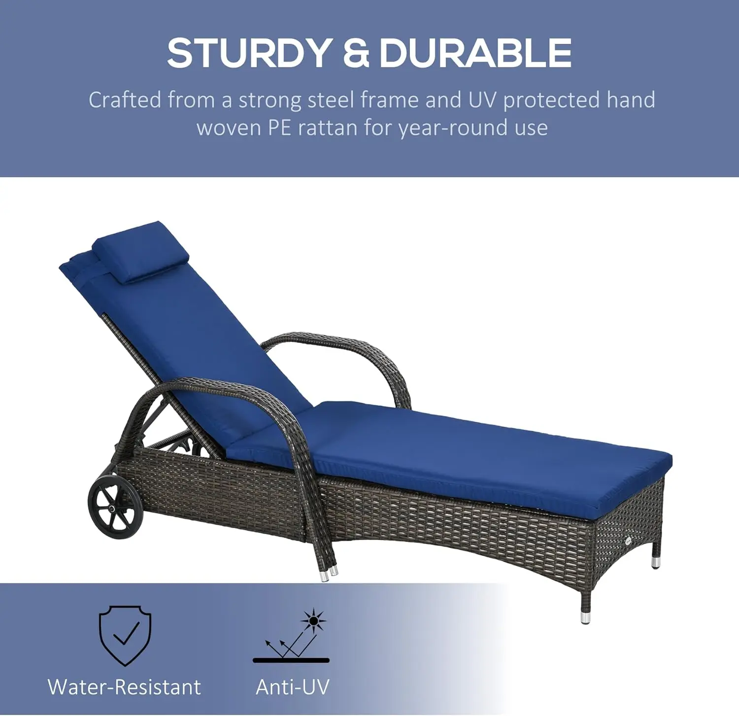 Outsunny anyaman luar ruangan Chaise Lounge Set 1/2, sandaran kaki dapat disesuaikan PE rotan kolam renang kursi Lounge dengan roda, bantal & sandaran kepala