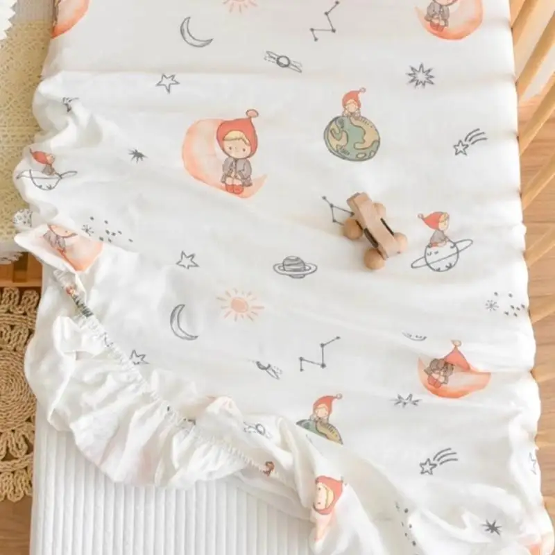 F19F Baby Crib Fitted Sheet Soft & Breathable Lovely Printed Bed Cover Cotton Fitted Sheet for Cosy Nursery Room