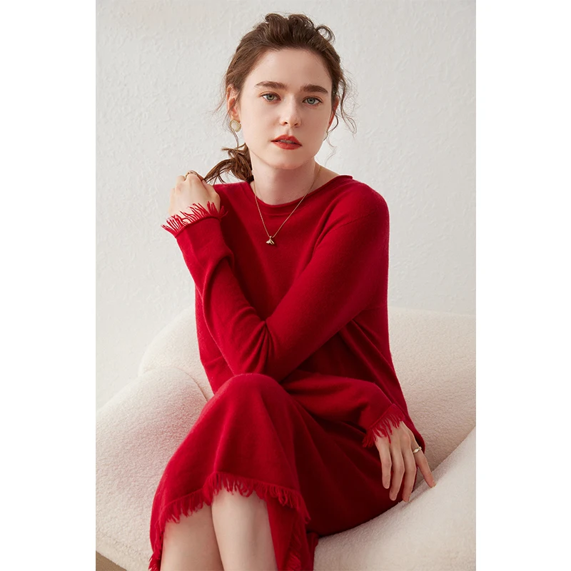 Spring Autumn Women Dress Longer Dress Cashmere Knitted Jumpers 2024 New Fashion Soft O-Neck Winter Knit Female Mid-calf Pullove