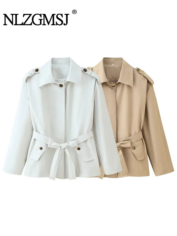 

NLZGMSJ Vintage Casual Chic Solid Jackets Women Sashes Turn-down Collar Long Sleeve Loose Coats New Fashion Autumn Outwears