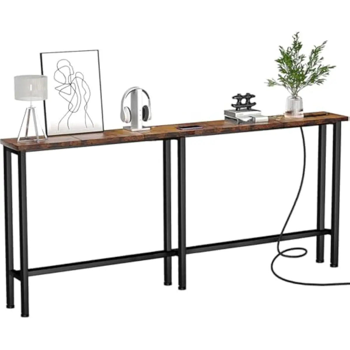 78 Inch Slim Rectangular Sofa Table Featuring Integrated 120V Power Outlets Two USB Charging Ports Four Foot Power Cord Rustic B