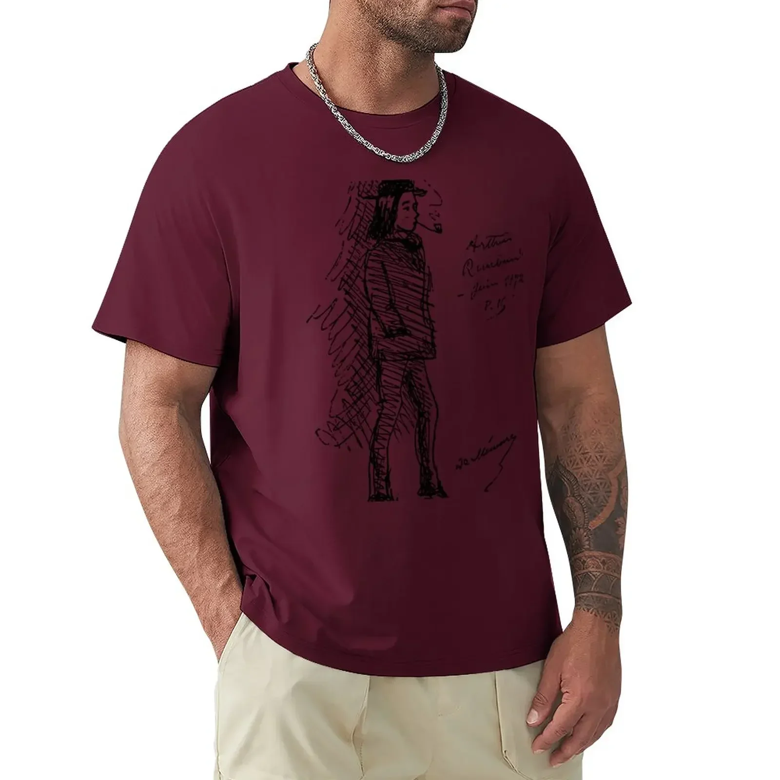 Summer harajuku custom  heavyweight Drawing of Arthur Rimbaud by Paul Verlaine Black Aesthetic clothing blanks men clothing