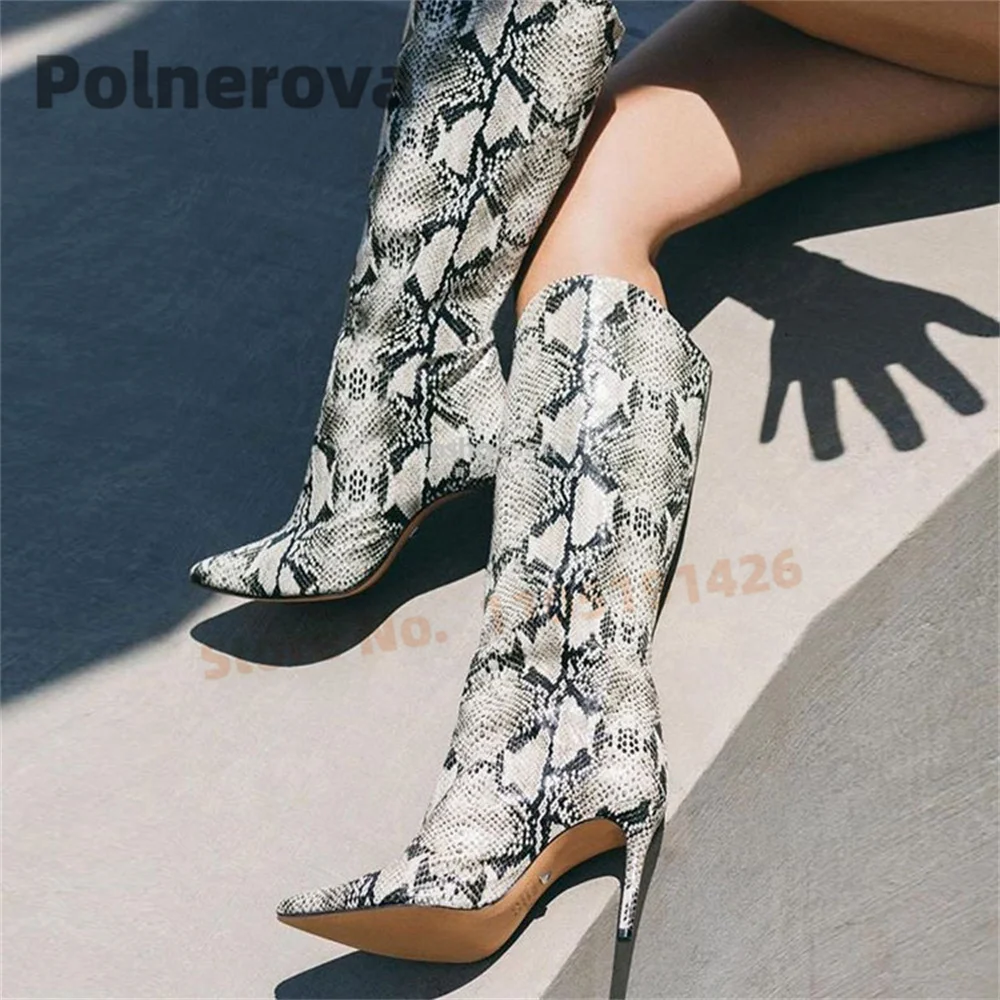 Snake Pattern Slip On Boots for Women Knee High Pointed Toe Stiletto Leather High Heels Modern Boots Autumn Winter Party Shoes