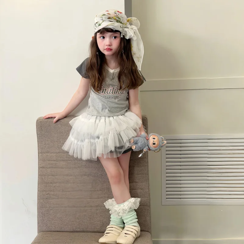 

Girls Suit2026New Summer Two-Piece Set for ChildrenTtT-shirt tops, stylish baby clothes, children's clothing, gauze skirts