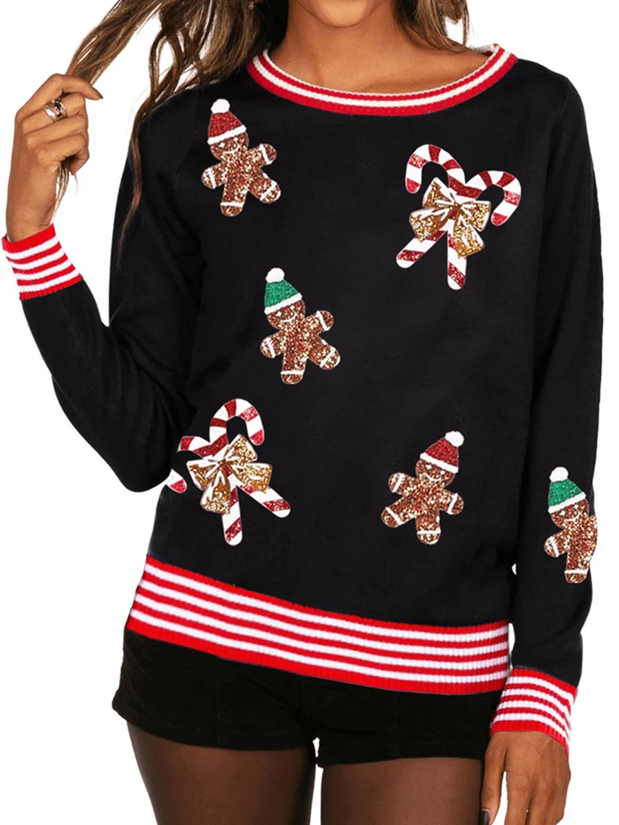 Women's Christmas Loose Sweater Sequin Candy Cane Pattern Long Sleeve Round Neck Knitwear Pullover