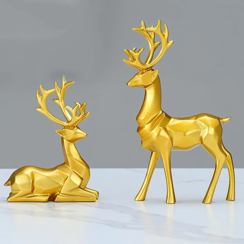 2 Piece Sitting Standing Deer Sculptures Christmas Decorations Gold Resin Exceptional Reindeer Statues Add To Your Home Decor