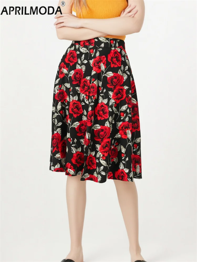 2025 Black Red Flower Print Big Swing Pinup Rockabilly Casual Skirt High Waist Cotton A Line Umbrella Party Skirts 1950s Style