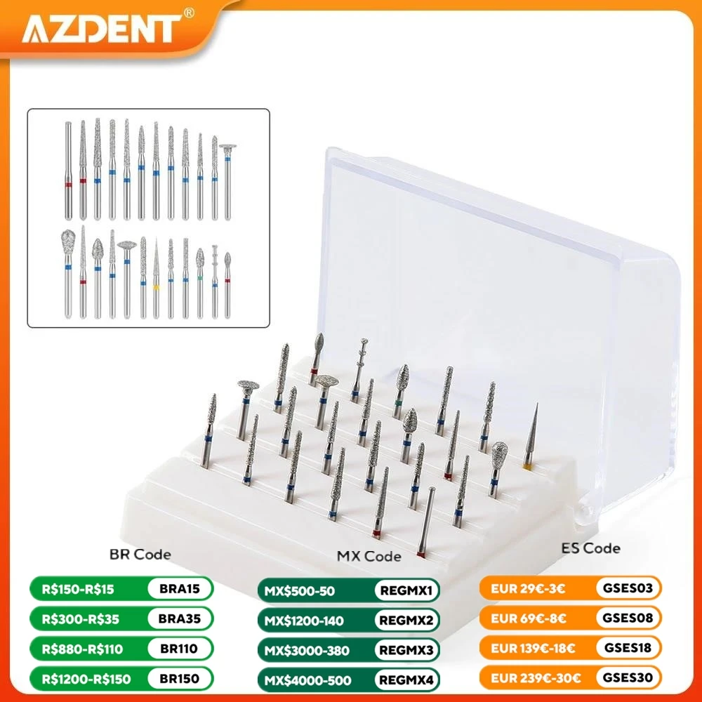 24pcs/Box Dental Diamond Burs Set FG 1.6mm AZDENT Bur Polishing for High Speed Handpiece with Box Holder Dentistry Lab Tool