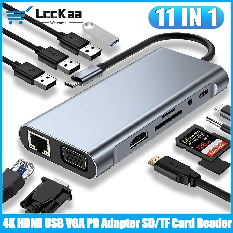 

11-IN-1 USB C HUB USB 3.0 /2.0 Adapter 4K HDMI/VGA/Type C PD/RJ45/ SD/TF Card Reader USB-C Splitter for MacBook Pro/Air M1 IPad