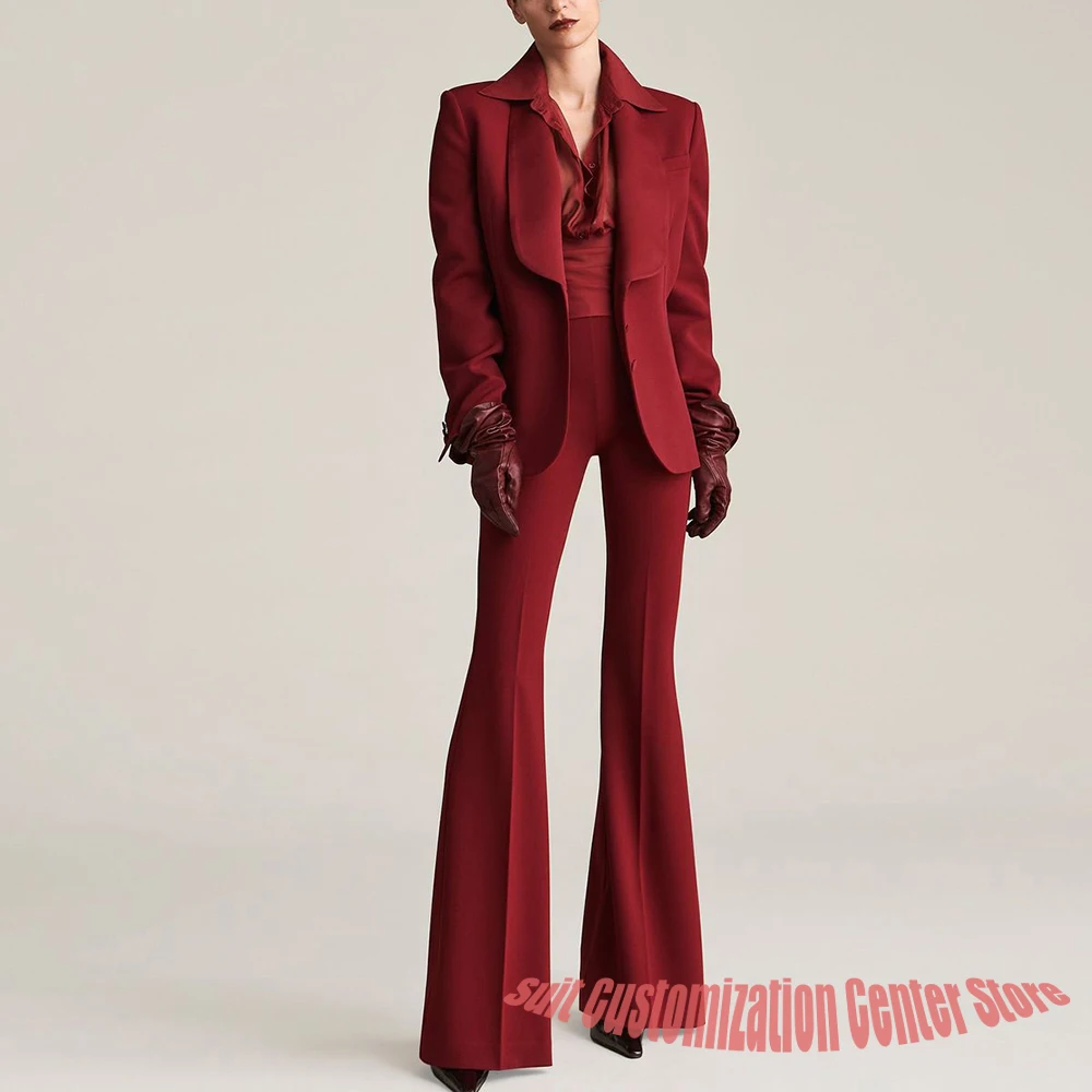 

Burgundy Women's Jacket+Flared Pants Suit Tailored 2 Piece Set Single Breasted Blazer for Elegant Evening Cocktail Party Outfit