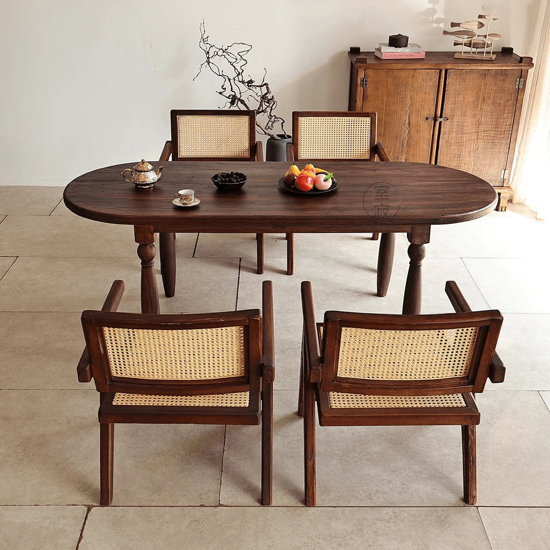 @3 # Wabi-Sabi & French Eco-Friendly Retro Solid Wood Oval Long Dining Table Tea Table For Living Room Cafe Homestay Hotel