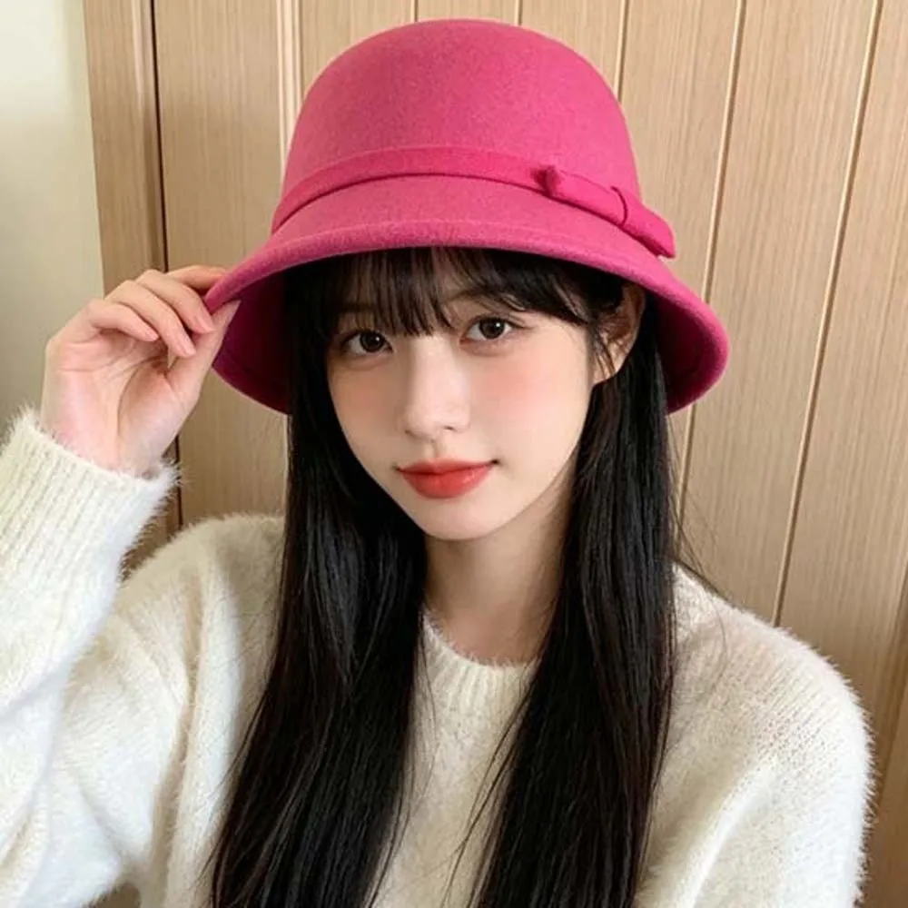 Korean Style Winter Woolen Hat Soft Felt Solid Color Elegant Bucket Hat Round Top Chic Design Vintage Fedora Cap Fashion Ladies