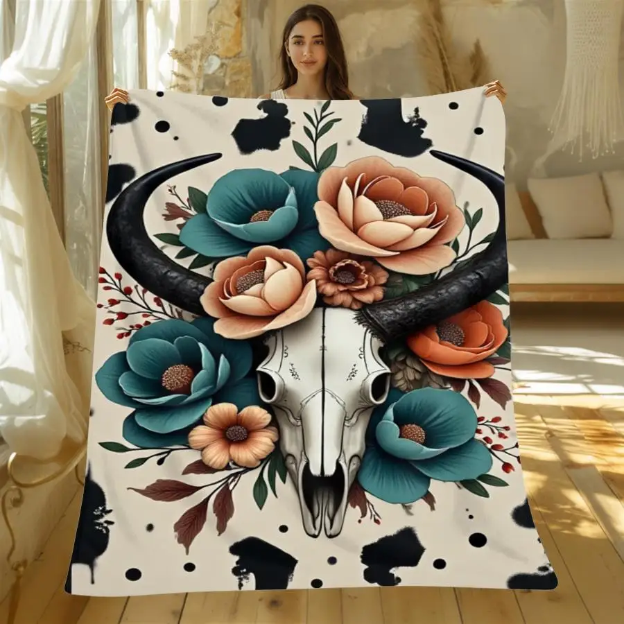 Cow Skull Teal Rose Cowhide Splash Ink Spot Flannel Throw Blanket, Western Boho Floral Skull Blanket for Living Room