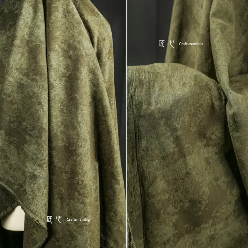 Green Dark Flower Scarred Fried Colour Cotton Linen Heavy Wash Fabric Trench Coat Jacket Skirt Textured Garment Fabrics