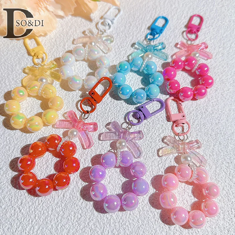 Candy Bows Lanyard Anti-Lost Beaded Bracelet For Mobile Phone Case Wrist Strap Car Keychain Cute Phone Charm