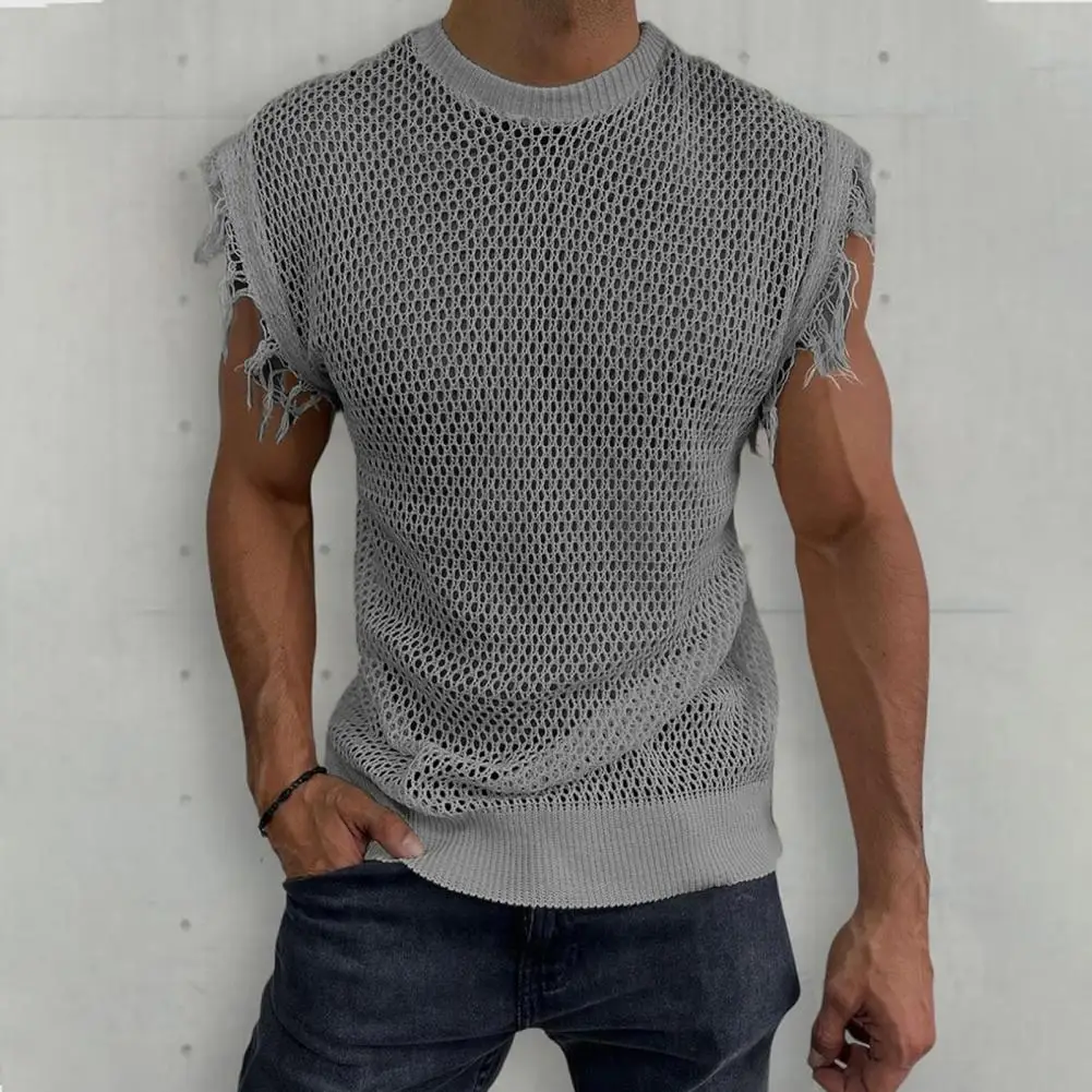 Mens Mesh Knit T Shirt Fashion Hollow Out Ripped Design T-shirts Summer Vintage Short Sleeve O Neck Tees Men Clubwear Streetwear