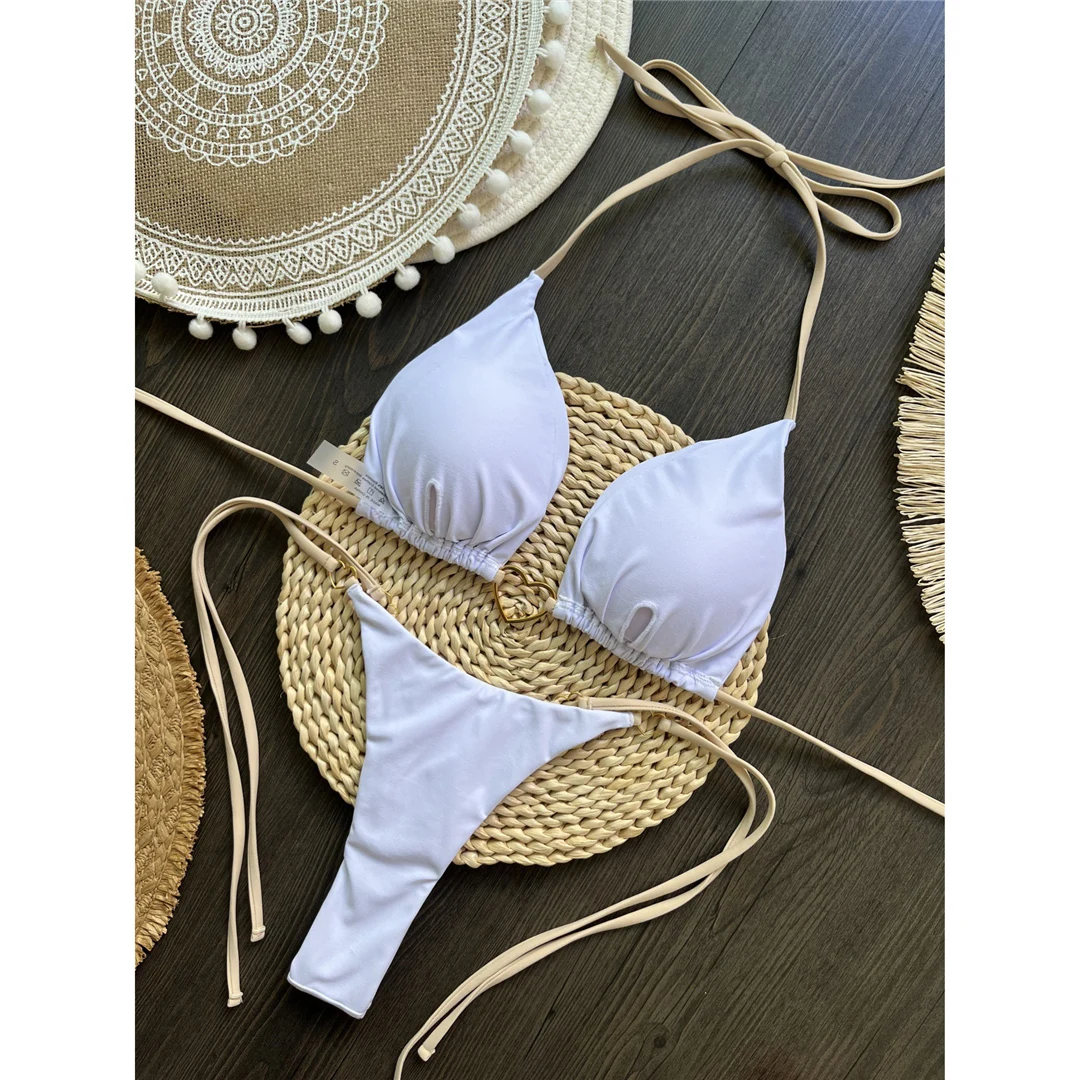 Halter Metall Herzförmiger Mini-Tanga-Bikini Damen-Badeanzug Zweiteiliger Bikini-Set Badebekleidung Badeanzug Schwimmen V6039 – Detail 21