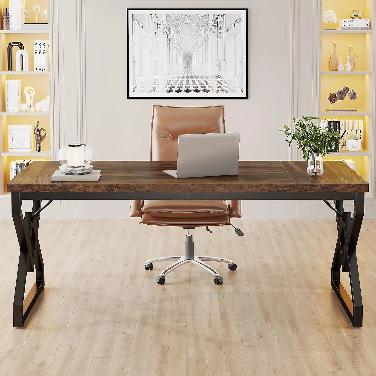 Industrial Executive Desk Thickened Tabletop Metal Frame 300 lb Home Office Study Dorm Bedroom Brown Black, Customized