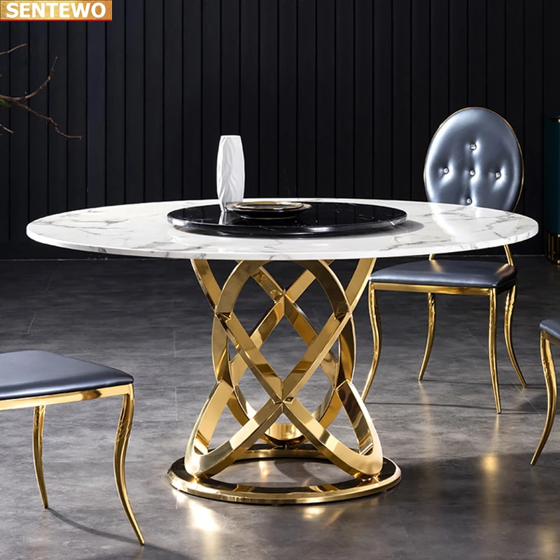 Designer Luxury round dinner Marble Rock Slab dining table set 4 6 chairs mesa de jantar tische marbre Stainless steel gold base