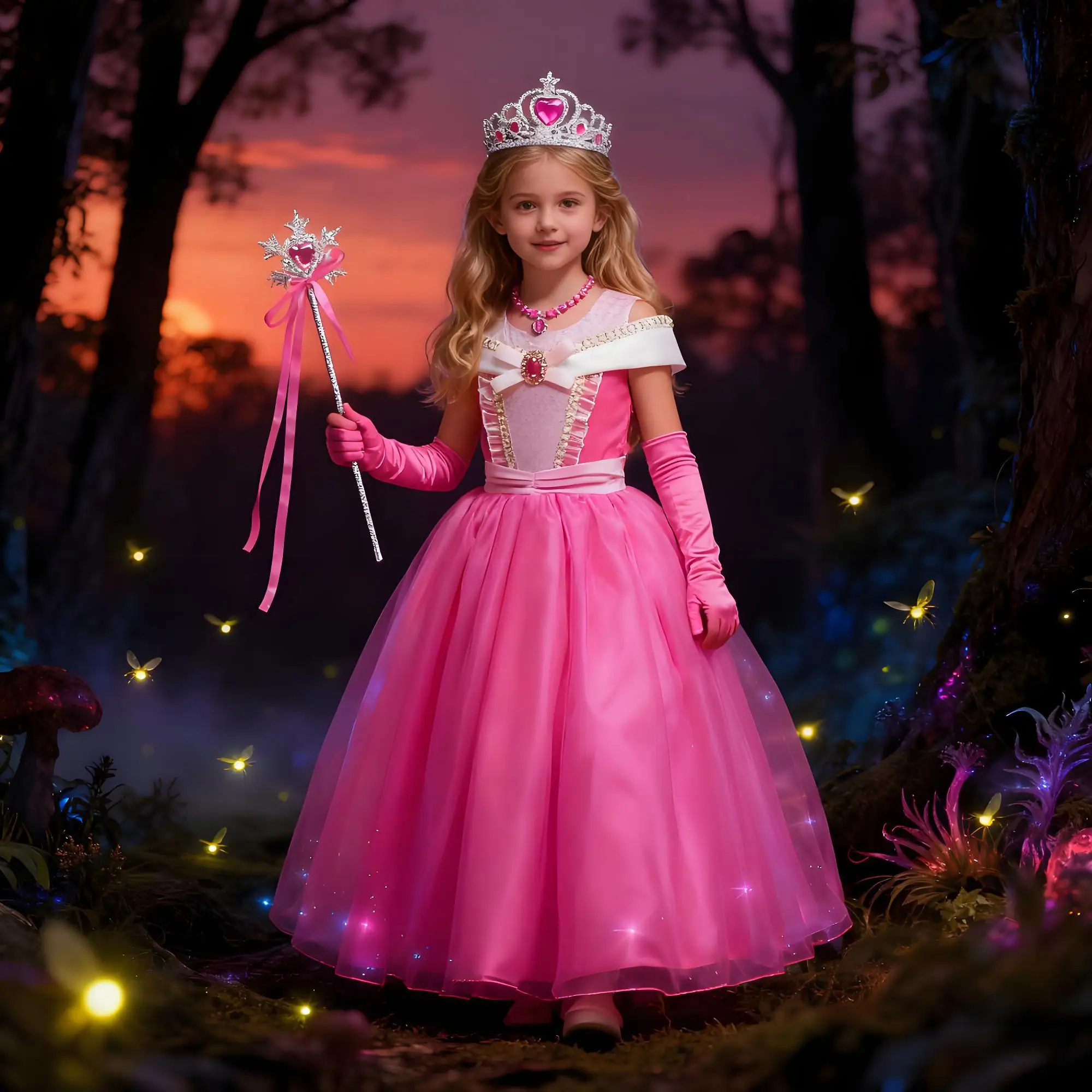 Girls' Off-the-Shoulder Aurora Princess Dress, Sleeping Beauty Cosplay Costume, Kids' Evening Party Dress, Halloween Costume