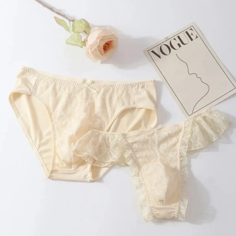 Man Sexy Lace Briefs Sissy Bow Low Waisted Thong G-string T-back Underwear Couple Pantie CD Club Dance FKK Private Party BF