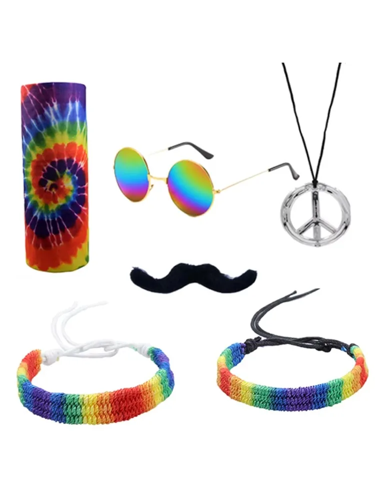 PESENAR Hippie Pruik Zonnebril Vredesteken Ketting Tie Dye Hoofdbanden, Jaren '70 Disco Stijl Jaren '60 Outfit Fancy Dress Retro Nacht - afbeelding 2