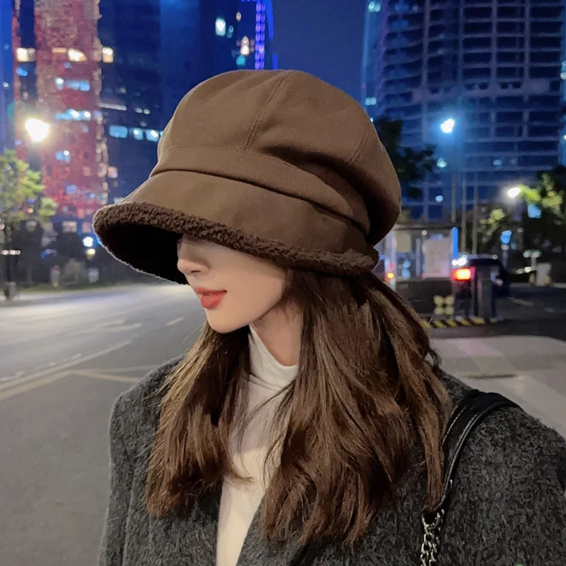 Multi Colors Ladies Fluffy Trim Beret Hat Thick Fleece Lined Warm Vintage Newsboy Cap Outdoor Travel Winter Hat