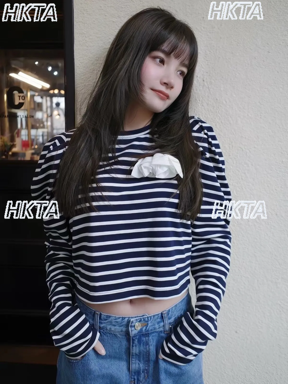 Japanese New Sweet Temperament Three Dimensional Rose Striped T Shirt Summer Commuting Round Neck Loose Short Tshirt Top Women