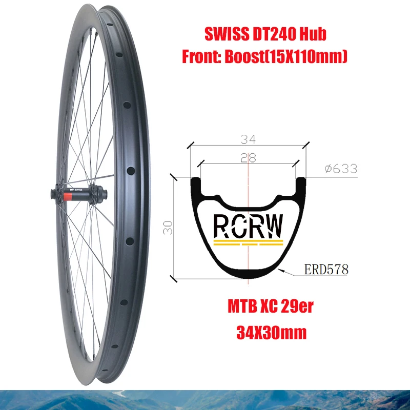 

29er MTB XC 34X30mm Front Carbon Wheelset 28 Hole Rim Wide 34 Deep 30 SWISS DT240 Boost Hub Belgium Nipple Straight Pull Spoke