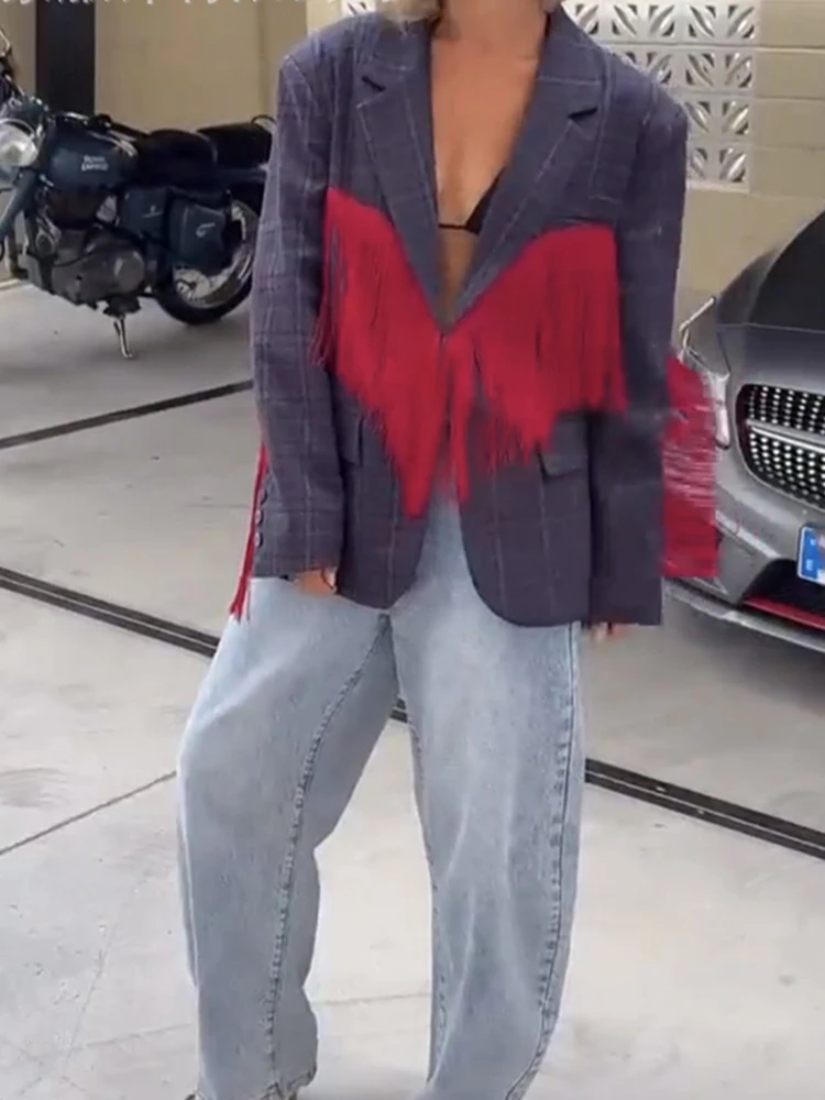 Women Fashion Commute Blazer Jackets Autumn Sexy V-neck Tassel Patchwork Office Coats Elegant Lapel Long Sleeve Loose Outerwear