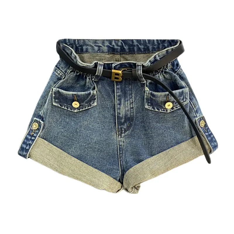 2024 New Spring Summer High Street Denim Shorts Women High Waist Wide Leg A-Line Curling Short Jeans no belt s526