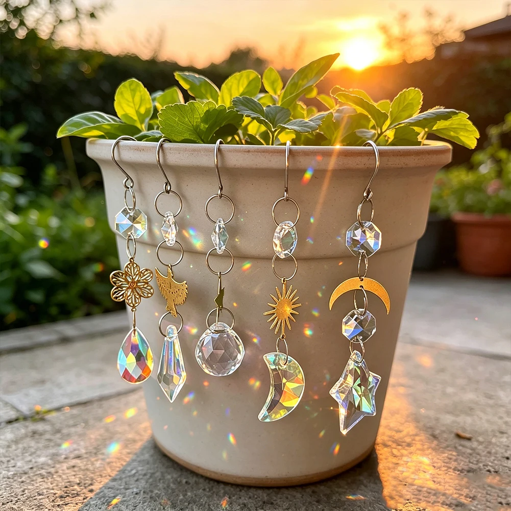 AB Crystal Suncatcher Hanging Ornament Star Moon Bird Flower Sun Metal Charm Rainbow Prism Window for Garden Home Decor