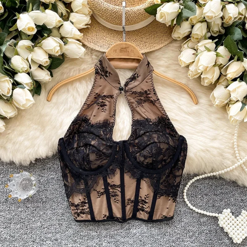 

Hotsweet Vintage hollow Halter Elegant Sleeveless Chic Lace Slim Camis Tank Crop Top Fashion Streetwear High Street Clothing