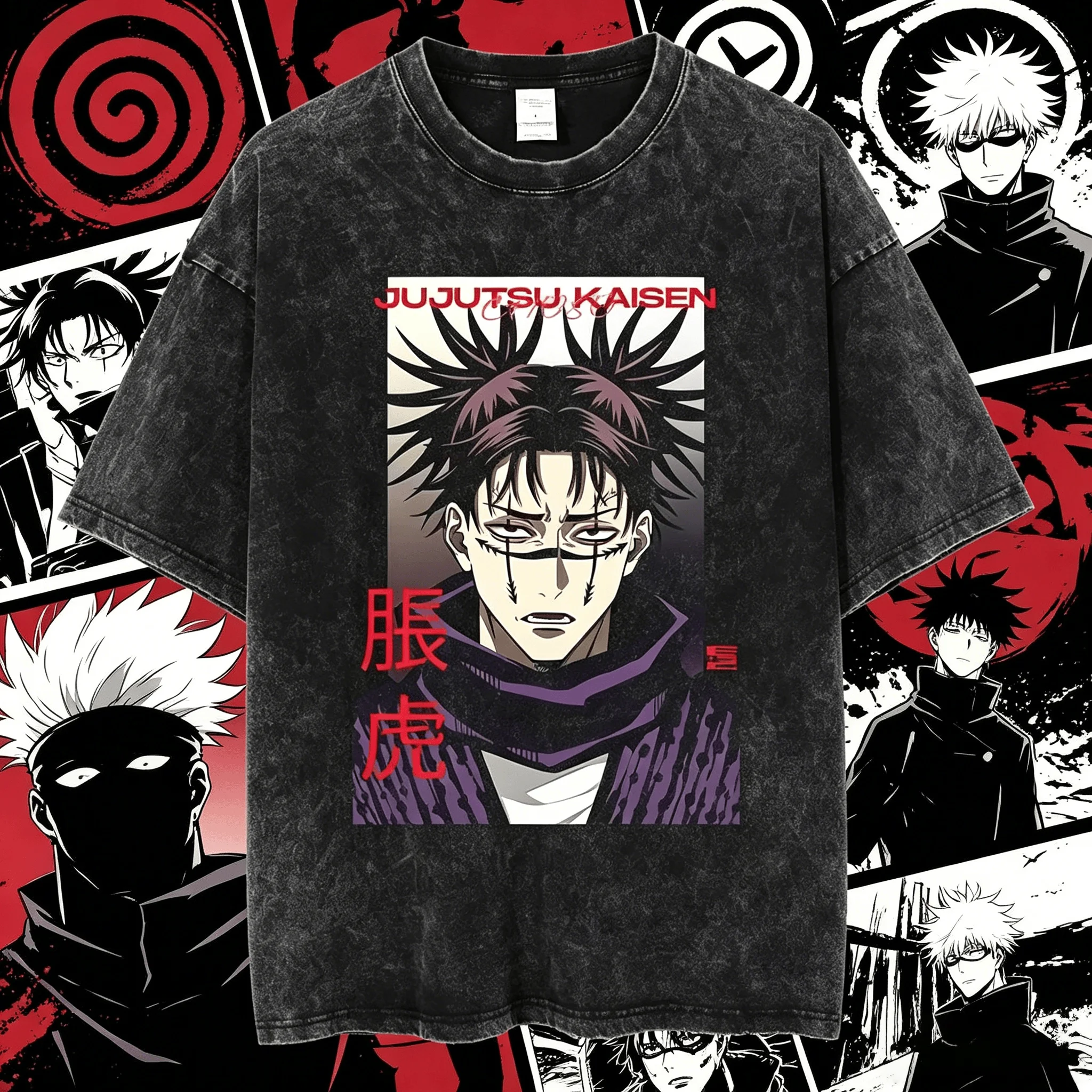 2026 Neues Sommer Jujutsu Kaisen Anime Choso Vintage Washed Oversized T-Shirt Unisex Kanji Grafik Lässiges Kurzarm-T-Shirt