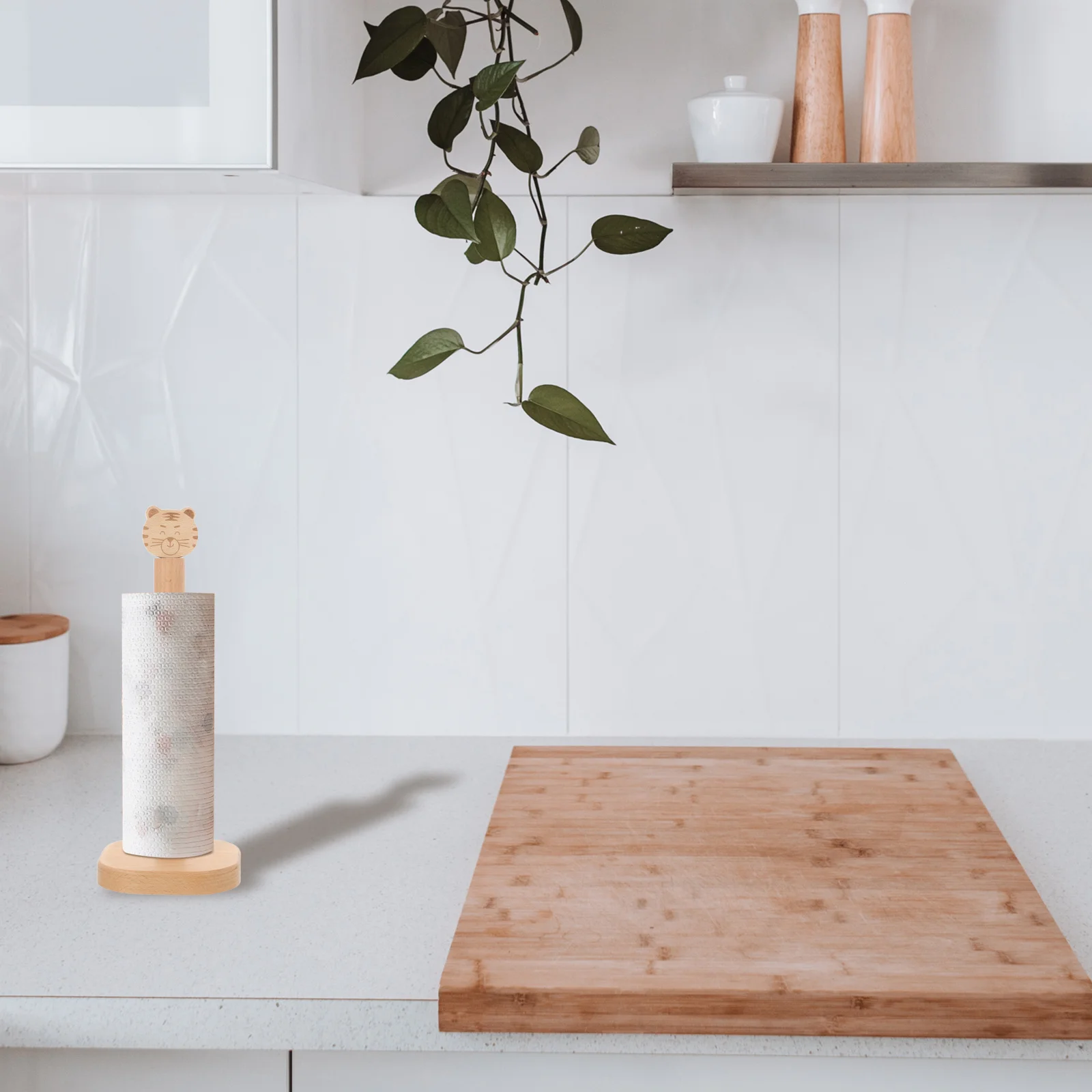 

Wooden Roll Paper Holder with Tiger Design Functional Standing Towel Stand for Kitchen Bathroom Desk Use Space Saving Organizer