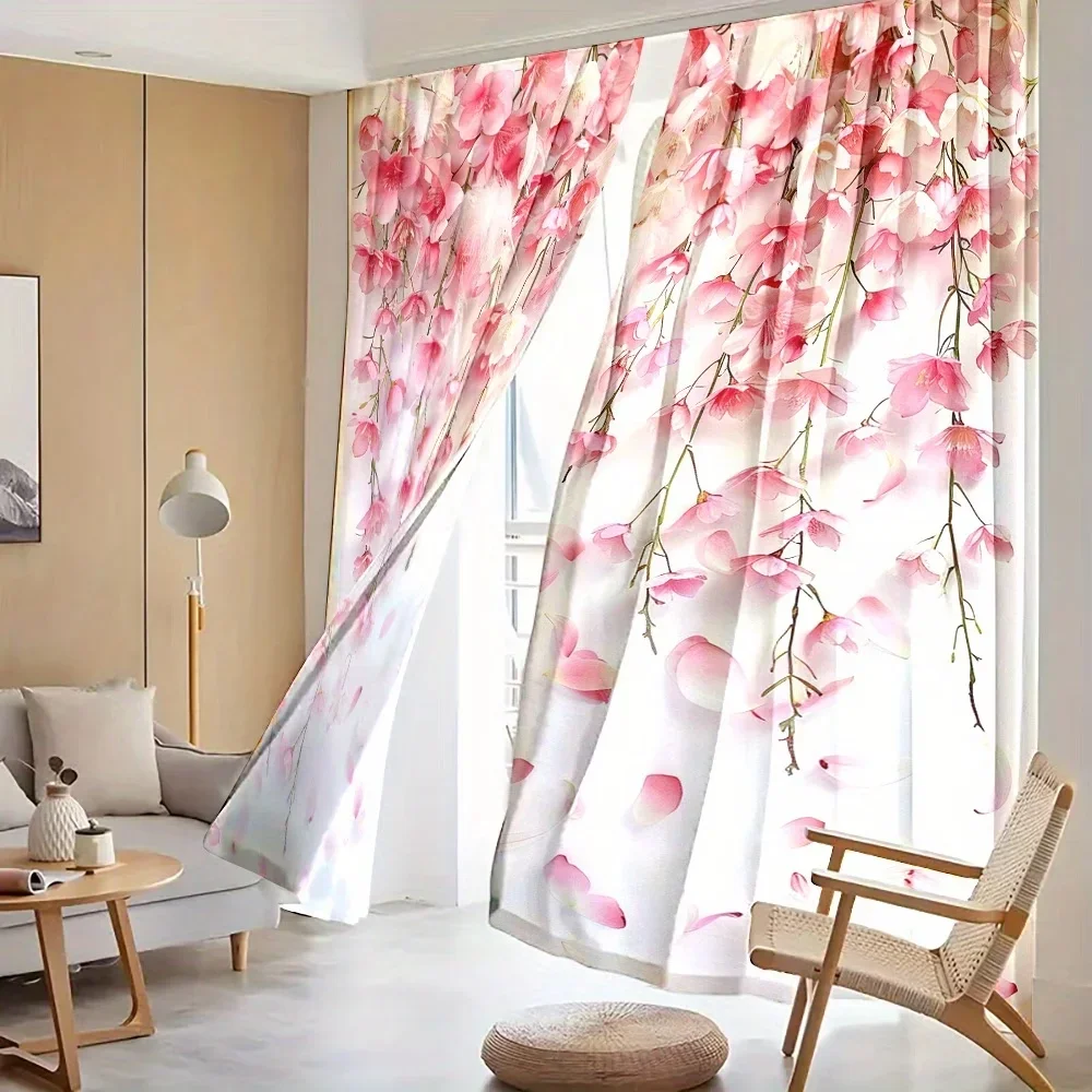 2PCS Digital Print Sheer Curtains, Light Pink Flower Branch Pattern, Soft Girlish Style for Living Room Home Window Decor