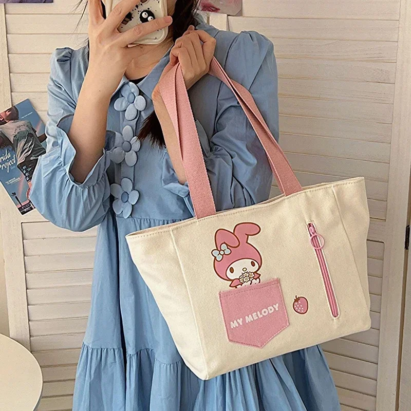 MINISO Disney Serie Cartoon Printed Canvas  Kuromi Handbag Color Blocking Shoulder Bag Zipper Tote Bag Fashion Underarm Bag