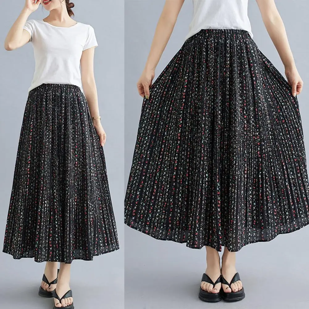 

Versatile Pleated Skirt Elegant Sequin Decor Pleated Skirt for Women A-line Midi Skirt with Elastic Waist Summer Loose Fit Shiny